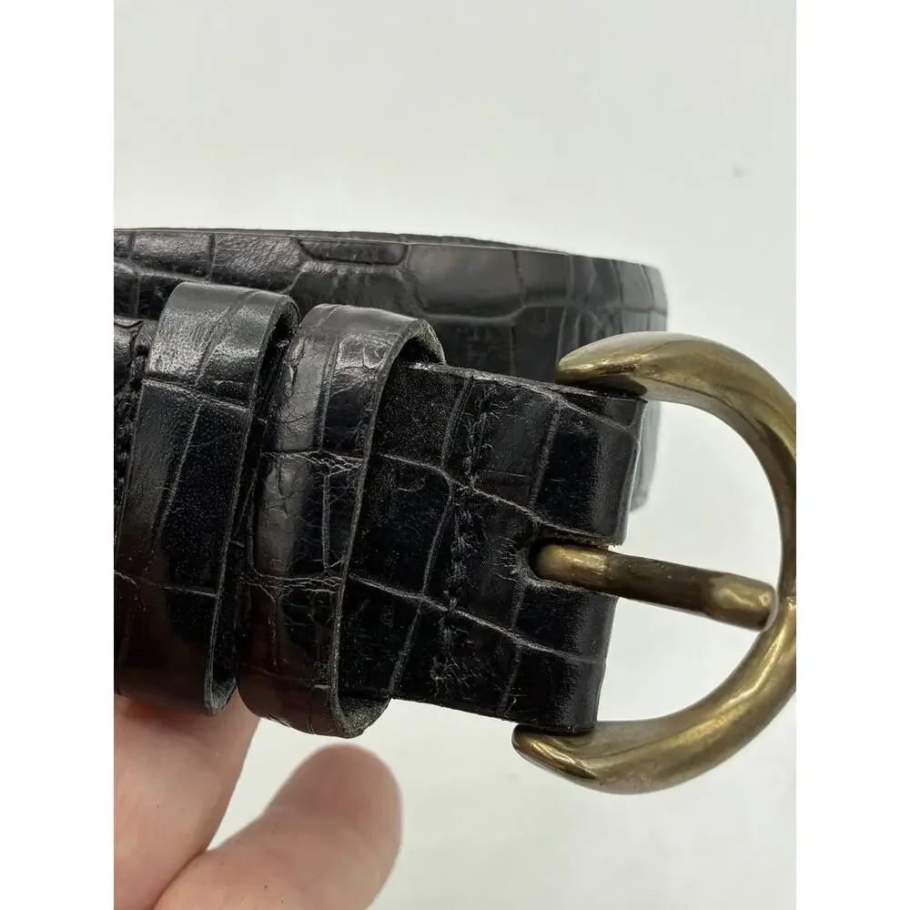 Calvin Klein Black Alligator Embossed Leather Belt Medium Brass Buckle
